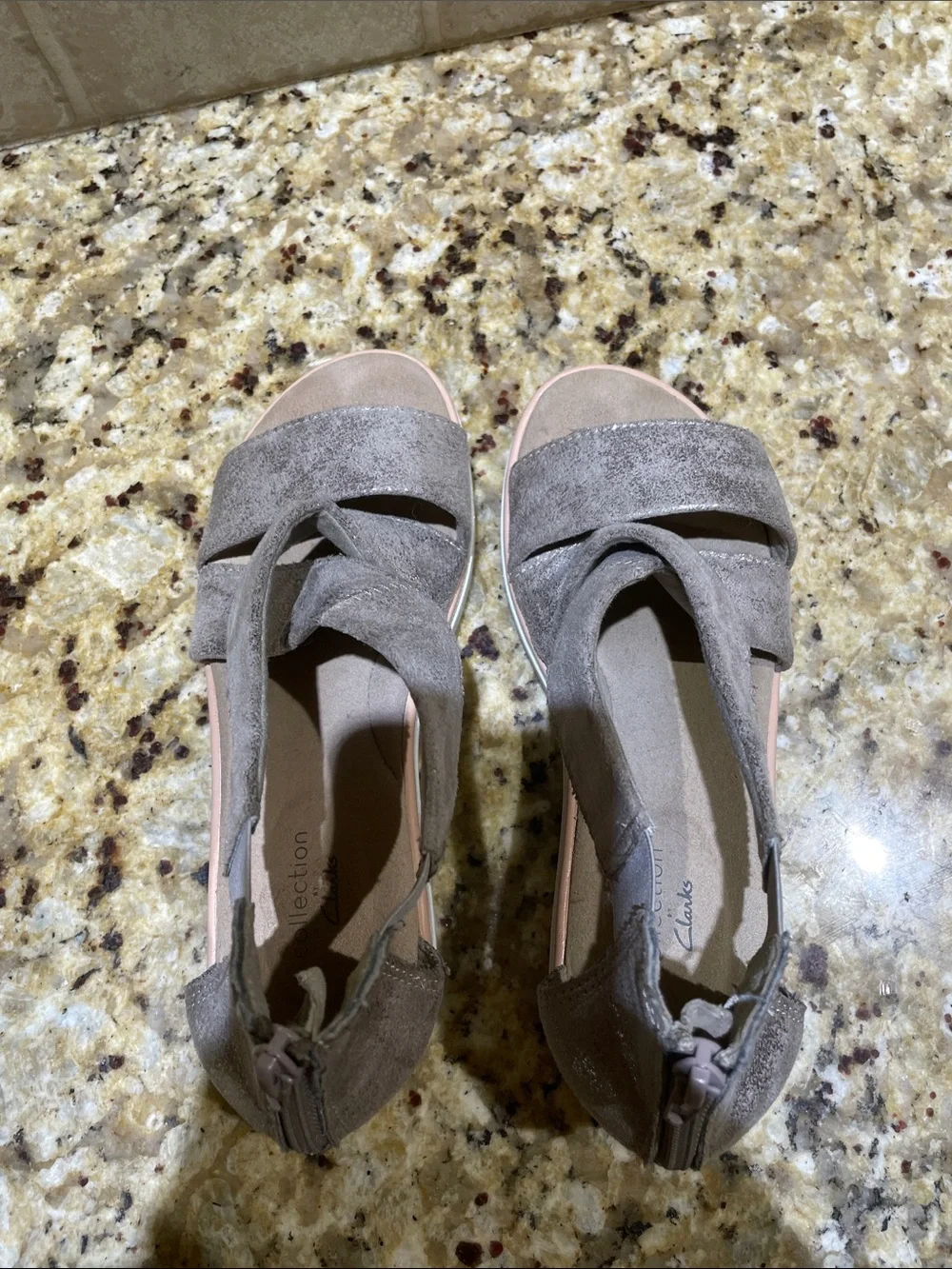 Clarks Shimmery Taupe Crisscross Wedge Sandals Size 7